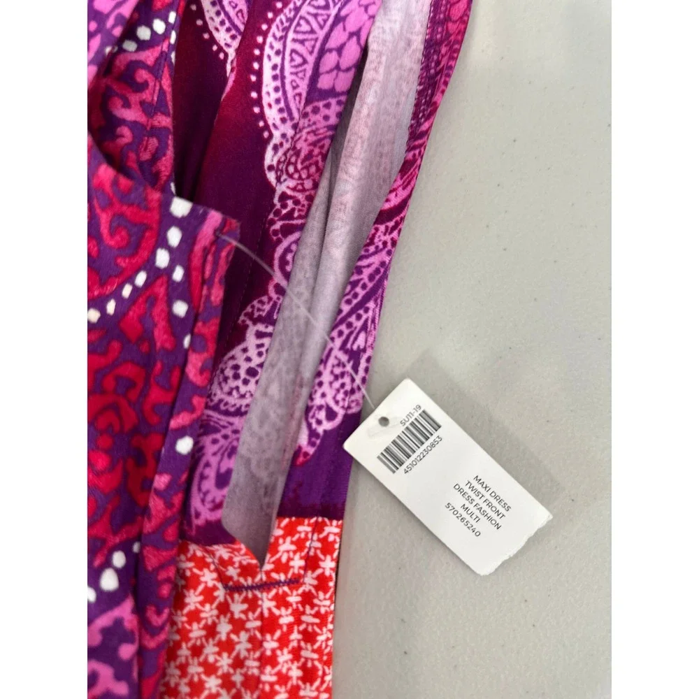 Chicos Maxi Cap Sleeve Dress Size 2 L Pink Purple Twist Front Geometric Slit New